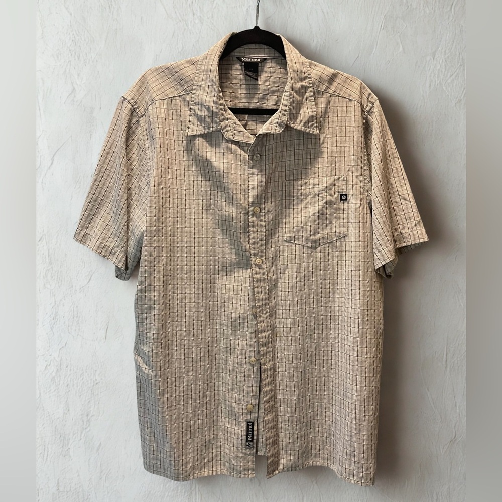 Marmot Men’s Plaid Camp Shirt Size Large Tan Brown Button Down Short Sleeve